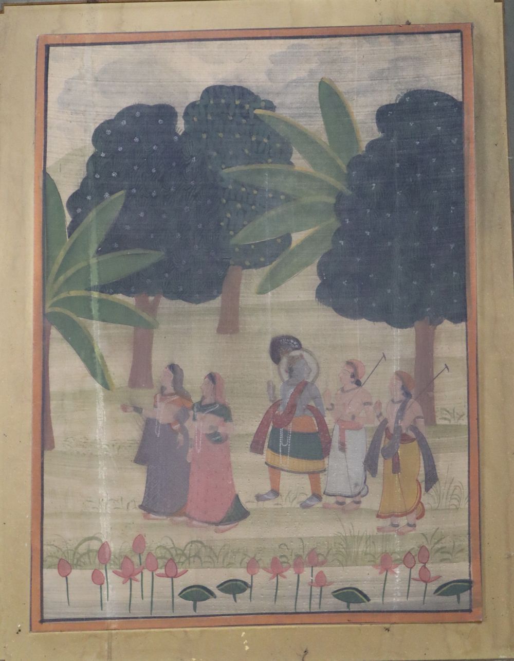 Indian School, watercolour and gouache on silk laid on card, Figures in a garden, 48 x 36cm